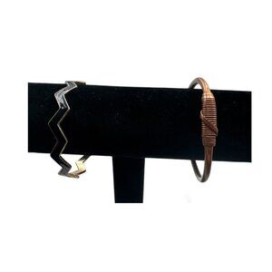 Black &Gold Zigzag & Copper Wire Wrapped Bangle Bracelet Set